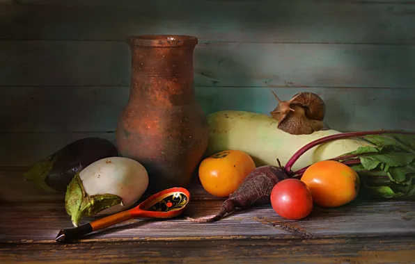 Баклажаны, ложка, посуда, кувшин, натюрморт, овощи, томаты, свекла