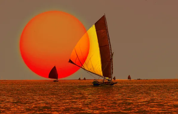 Картинка море, небо, солнце, закат, лодки, парус