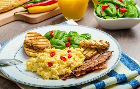 Сок, juice, перец, бекон, салат, тосты, bacon, second dishes