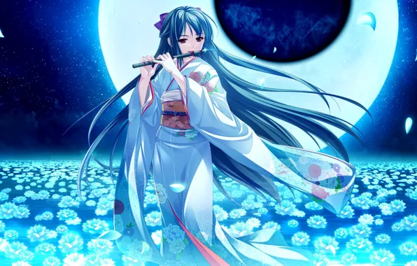 Девушка, цветы, ночь, луна, кимоно, флейта, музыкальный инструмент, tsukumo no kanade