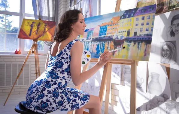 Model, awesome, painting, brunette, gorgeous, photoshoot, posing, beautiful face