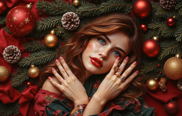 Девушка, шарики, поза, руки, Рождество, Новый год, ёлочка, хвоя
