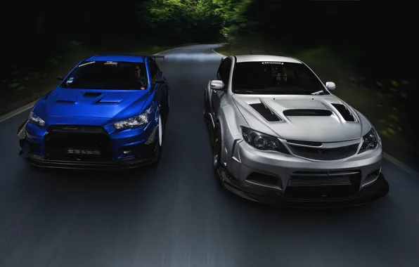 Subaru, Impreza, Mitsubishi, Lancer, Evolution, road, blue, front