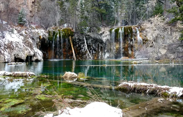 Вода, снег, деревья, пейзаж, природа