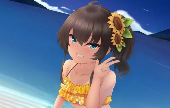 Girl, green eyes, sea, brown hair, anime, beautiful, short hair, pretty
