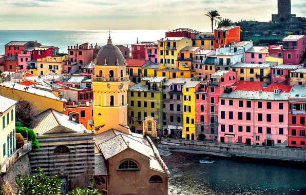 Картинка море, краски, башня, дома, Италия