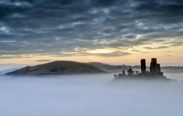 Картинка пейзаж, закат, туман, Corfe Castle