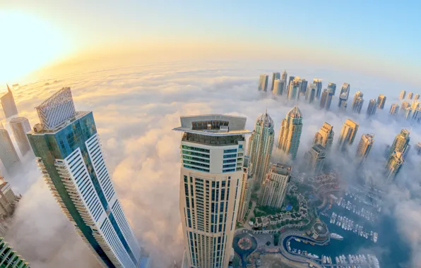 Город, туман, вид, небоскребы, Дубай