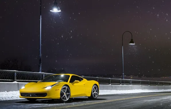 Ferrari, 458, Front, Snow, Yellow, Italia, Road, Supercar