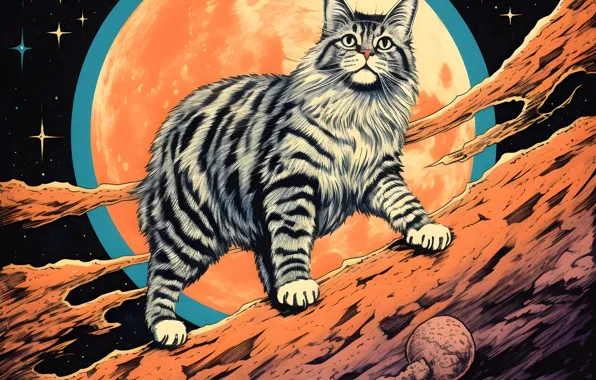 Кошка, кот, взгляд, космос, поза, мордашка, ИИ-арт, нейросеть
