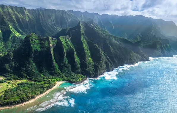 Картинка океан, побережье, Гавайи, США, Napali Coast