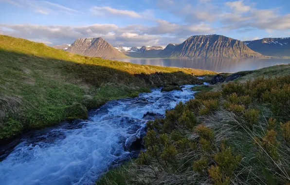 Картинка river, field, landscape, nature, mountains, clouds, lake, Iceland