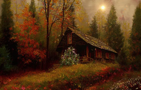 Осень, лес, солнце, лучи, свет, деревья, ветки, туман