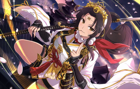 Girl, sword, long hair, brown eyes, anime, beautiful, pretty, armour