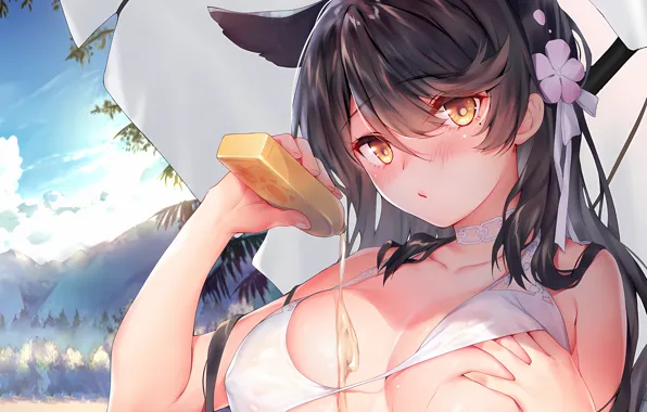 Girl, sexy, cleavage, long hair, boobs, animal ears, anime, beautiful