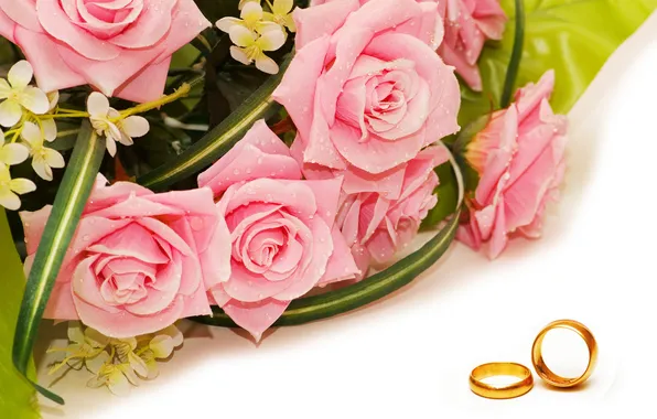 Картинка цветы, капельки, розы, букет, flowers, обручальные кольца, droplets, wedding rings
