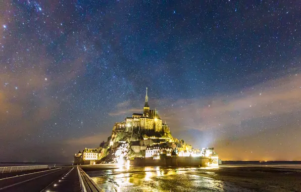 Звезды, ночь, замок, Франция, остров, Нормандия, Мон-Сен-Мишель