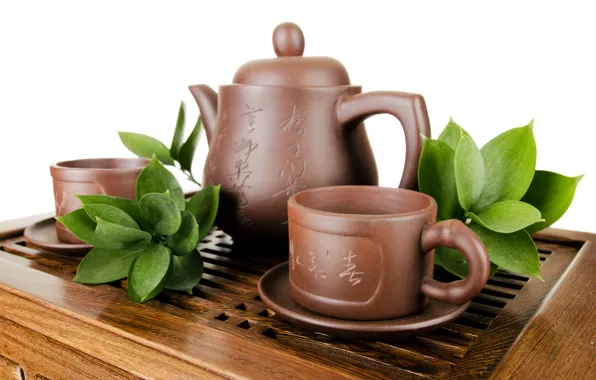 Листья, чай, чайник, чашки, посуда, белый фон, заварник, глиняная