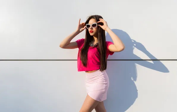 Summer, woman, brunette, posing, sunglasses, clothes, fashionable