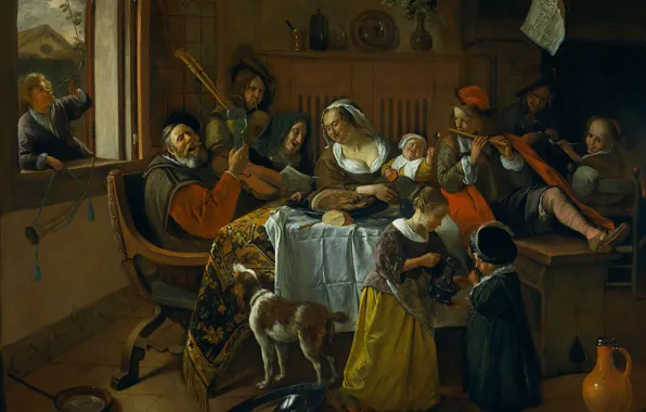 Люди, масло, интерьер, картина, холст, застолье, жанровая, Ян Хавикзоон Стен