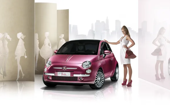 Девушка, Машины, в белом, Fiat 500, розовый авто