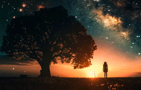 Картинка nature, sunset, stars, Milky Way, digital art, character design, AI art