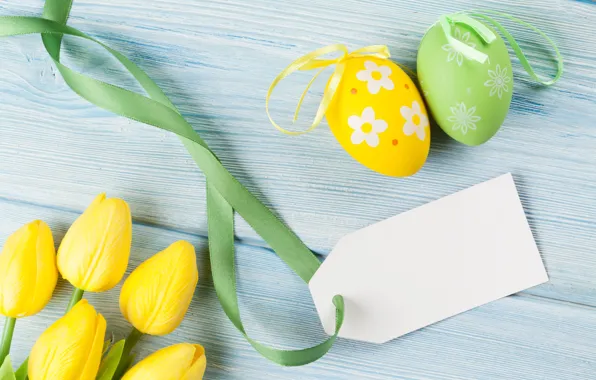 Картинка Пасха, тюльпаны, yellow, tulips, spring, eggs, Happy Easter, Easter eggs