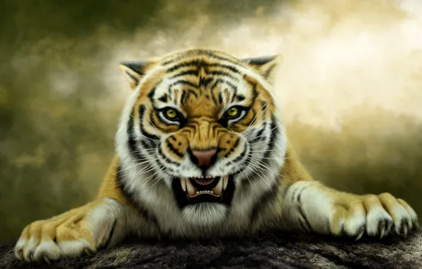 Картинка тигр, хищник, оскал, Photoshop, Нelena