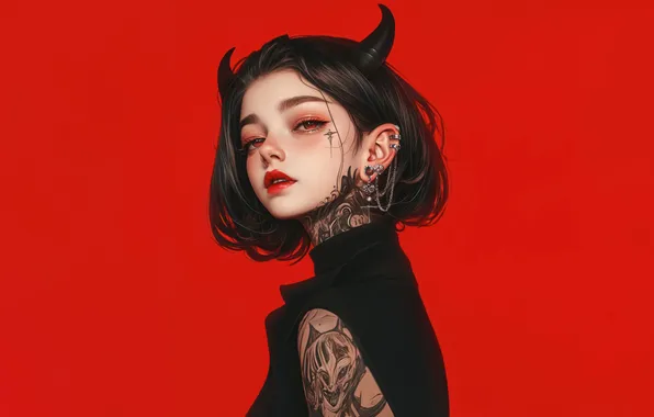 Girl, Devil, Anime, Tattoo, Demon, Black Hair, Horn, Red Background