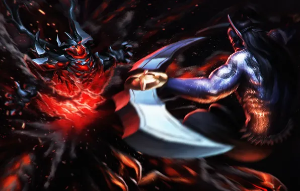 Демон, арт, битва, Dota 2, Shadow Fiend, Anti-Mage, Nevermore, xxxhaozhuangxxx