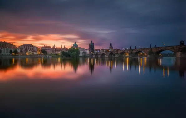 Картинка утро, гладь, мост, город, огни, вечер, Прага, Чехия