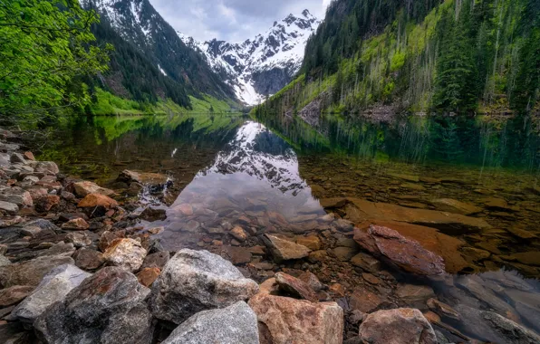 Лес, горы, камни, берег, водоем