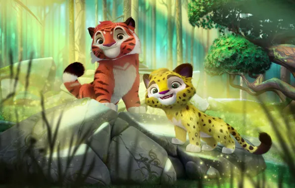 Картинка животные, мультик, камень, джунгли, Лео и Тиг