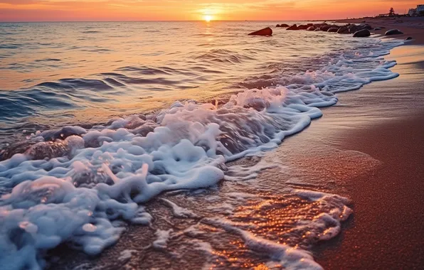 Картинка песок, море, волны, пляж, лето, небо, закат, берег