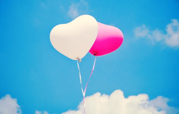 Небо, шарики, шары, белое, сердца, розовое, воздушные