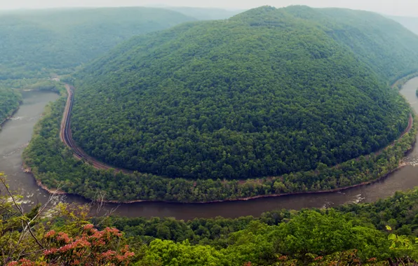 Лес, горы, река, железная дорога, дымка, США, вид сверху, West Virginia