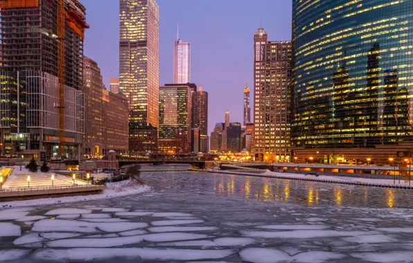 Зима, огни, река, лёд, небоскребы, вечер, Чикаго, USA
