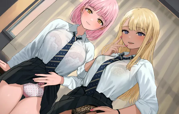 Sexy, lingerie, pantsu, bra, school uniform, panties, pink hair, long hair