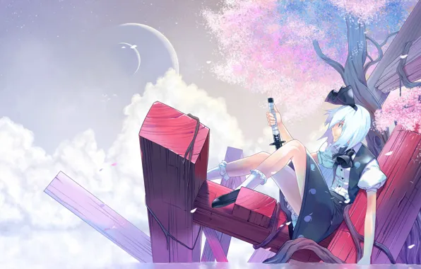 Небо, катана, сакура, touhou, art, ueda ryou, youmu konpaku