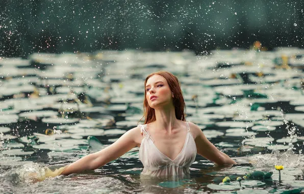 Girl, wet, water, beautiful, model, sweet, redhead, charming