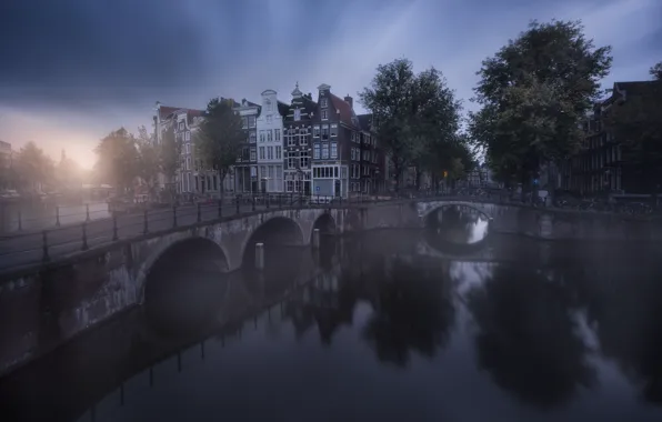 Город, Амстердам, канал, дымка, Нидерланды, мостики