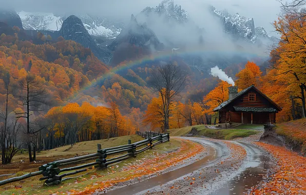 Дорога, поле, осень, лес, снег, деревья, горы, туман