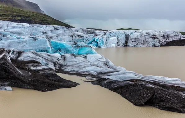 Лед, зима, море, небо, вода, облака, горы, пасмурно
