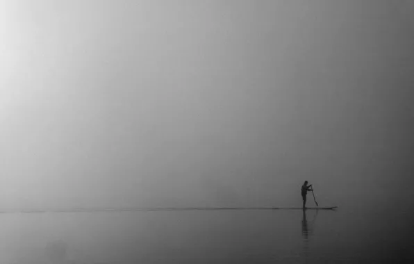 Море, туман, мужчина, гребля, сапсёрфинг