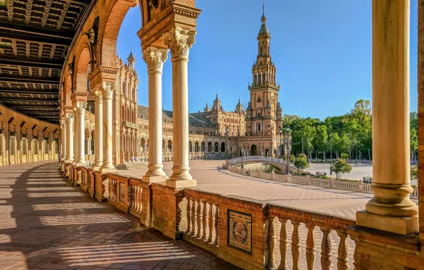 Картинка башня, площадь, колонны, архитектура, Испания, Spain, Севилья, Plaza de España