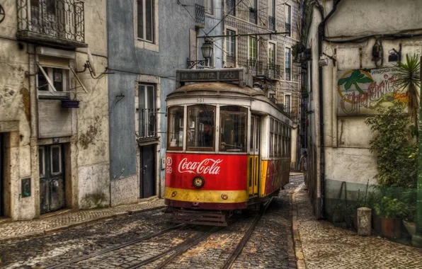 Здания, трамвай, колея, Португалия, Coca-Cola, Лиссабон, городских