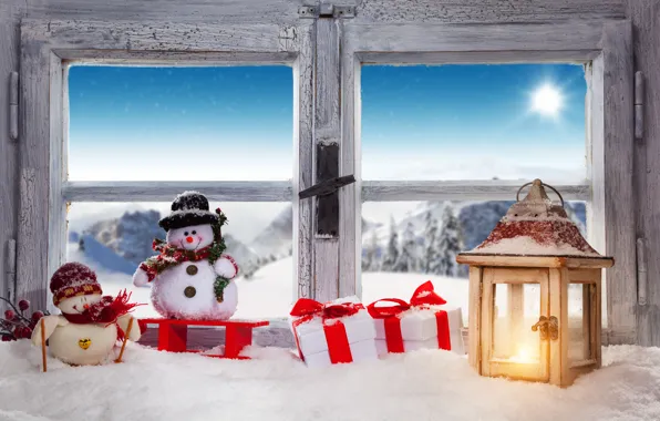 Картинка зима, снег, украшения, Новый Год, окно, Рождество, подарки, снеговик