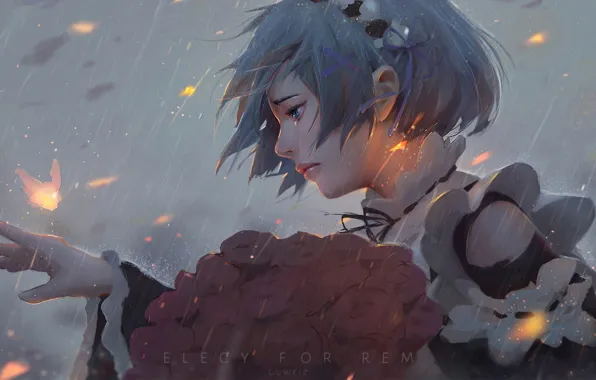 Девушка, цветы, букет, anime, горничная, art, Rem, Re: Zero kara Hajimeru Isekai Seikatsu