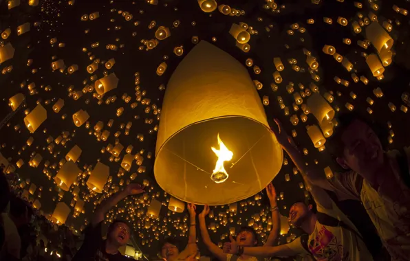 Night, lamp, candle, festival, balloon