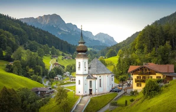 Картинка лес, горы, дома, Германия, Бавария, деревня, церковь, Germany